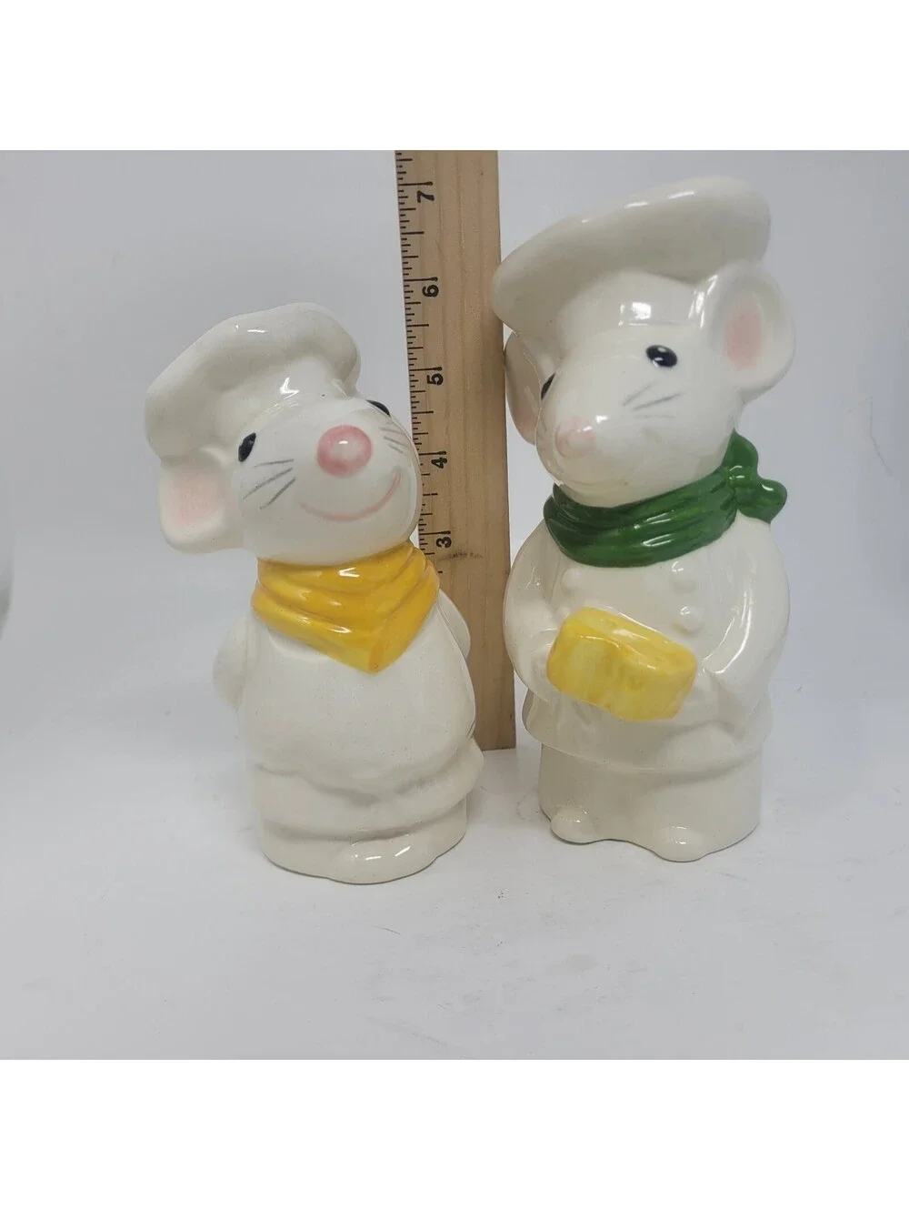 Vintage Ceramic Chef Mice Salt and Pepper Shakers Spoon and Cheese Figures